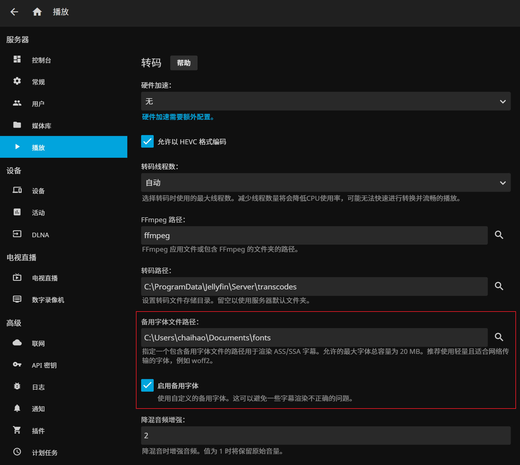 Jellyfin 中设置字幕烧录